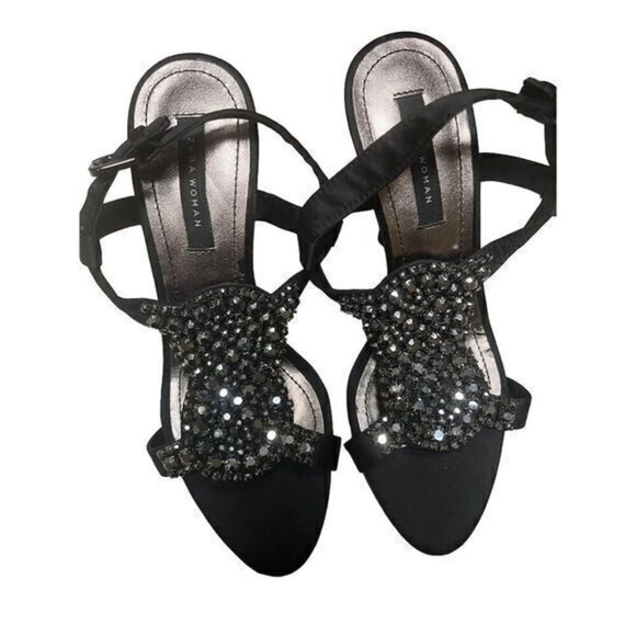 Zara Womens Black Rhinestone Peeptoe Gladiator Sandals Shoes size 7.5 (38) - Picture 1 of 5